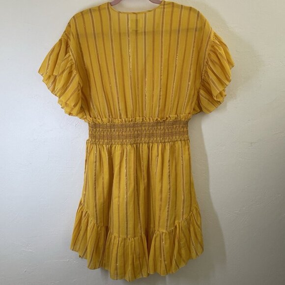 Saylor Adrianne Yellow Metallic Stripe Smocked V-Neck Mini Dress Size M - Picture 5 of 13